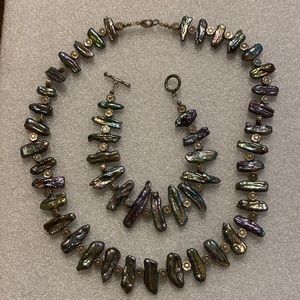 Cultured Freshwater Biwa Black Pearl Necklace and Bracelet